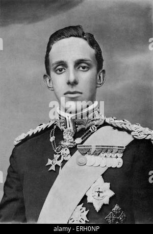 Alfonso XIII, (17. Mai 1886 – 28. Februar 1941), h. m. der König von Spanien. Posthumer Sohn Alfonso XII von Spanien, war bei seiner Geburt zum König ausgerufen. Er regierte von 1886 bis 1931. Seine Mutter, Königin Maria Christina, ernannte Regent während seiner Minderheit. Im Jahre 1902 auf seinem 16. Lebensjahr erreichen übernahm der König des Staates. Stockfoto