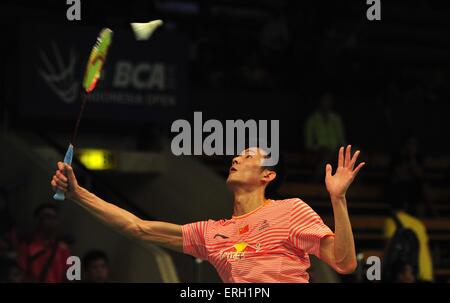 (150603)--JAKARTA, 3. Juni 2015 (Xinhua)--Chen Long China kehrt den Federball zu Wei-Nan aus Hong Kong von China während der Mens vorläufige Einzel auf der BCA Indonesien Open 2015 in Jakarta, Indonesien, 3. Juni 2015. Chen gewann 2: 0. (Xinhua/Zulkarnain) Stockfoto