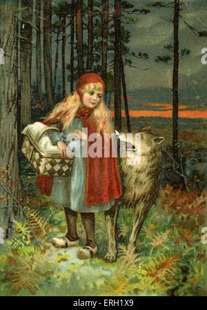 Little Red Riding Hood zu Fuß durch den Wald und treffen den Wolf. . Grimm-Brüder-Geschichte. Deutsche Abbildung. Stockfoto