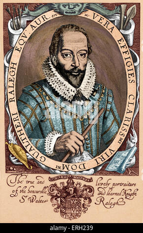 Sir Walter Raleigh, Portrait. Englischer Soldat, Explorer, Höfling, Schriftsteller, 1552-1618. Bildunterschrift lautet: "der wahre und lebendige Stockfoto