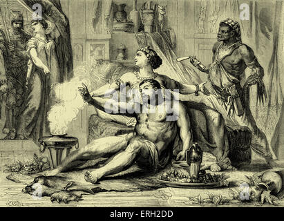 Samson von Delilah in die Hände der Philister verraten. Ende des 19. Jahrhunderts Abbildung. Buch des alten Testaments Stockfoto