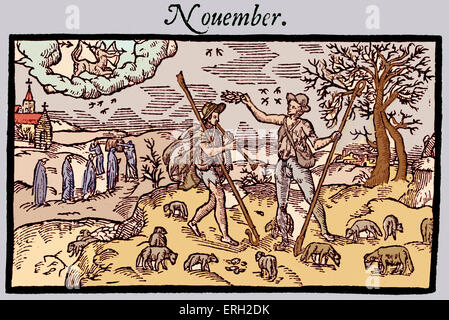 Edmund Spenser - englische Dichter - "The Shepherd Kalender" - Illustration - "November" - 1597 c 1552-Januar 13 1599. Farbausführung Version. Stockfoto