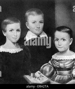 Emily Dickinson als Kind mit Schwestern, von links nach rechts: Emily, Austin, Lavinia. Amerikanischer Dichter. 10. Dezember 1830 – Mai 15. 1886. Stockfoto