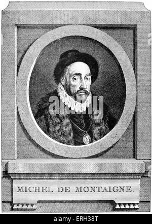 Michel de Montaigne - Porträt des französischen Schriftstellers, 28 Februar 1533 - 13 September 1592. Kupferstich von Charles Germain de Saint Aubin. Porträt im Medaillon, Frontispiz von Montaignes "Voyage En Italie". Stockfoto