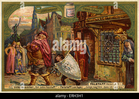 Sir John Falstaff in Shakespeares Henry IV Teil II, Act1. Szene 2.  Falstaff stürmt aus einer Taverne mit seiner Seite. Stockfoto