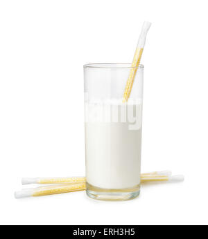 Milch mit Banane Aroma Stroh isoliert auf weiss Stockfoto