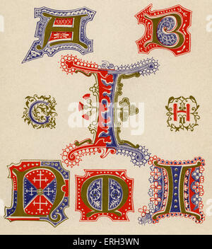 Beleuchtete Buchstaben A, B, C, ich, H, N und O. rot, Gold und blau. Vierzehnten und fünfzehnten Jahrhundert. (1886-Quelle). Stockfoto