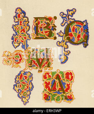 Beleuchtete Buchstaben A, B, C und M. rot, Gold, blau und grün. Fünfzehnten Jahrhundert. (1886-Quelle). Stockfoto