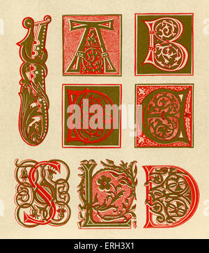 Beleuchtete Buchstaben A, B, C, D, S, L und I.  Fünfzehnten Jahrhundert. Rot und Gold. (1886-Quelle). Stockfoto