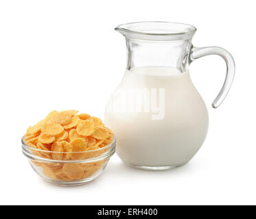 Corn Flakes und Krug Milch isoliert auf weiss Stockfoto