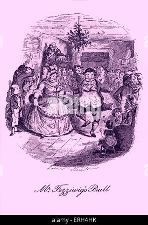 A Christmas Carol (1843) von Charles Dickens, 7. Februar 1812 – 9. Juni 1870. Herr Fezziwig Ball: Herr und Frau Fezziwig tanzen wie der Geiger Sir Roger de Coverley spielt. Illustration von John Leech, 1817-1864. Getönte Version. Stockfoto