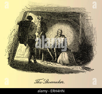 Tale of Two Cities von Charles Dickens, veröffentlicht im Jahre 1859. Illustration von Hablot K. Browne (Phiz), 1815-1882. Bildunterschrift lautet: "Der Schuster". Lucie besucht ihren Vater, Dr. Manette, die in der Bastille gefangen gehalten wird. CD: 7. Februar 1812 – 9. Juni 1870. Getönte Version. Stockfoto