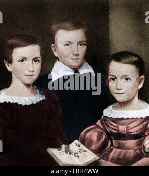 Emily Dickinson als Kind mit Schwestern, von links nach rechts: Emily, Austin, Lavinia. Amerikanischer Dichter. 10. Dezember 1830 – Mai 15. 1886. Stockfoto