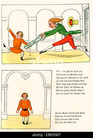 Der Struwwelpeter [Shock-headed Peter] von Dr. Heinrich Hoffmann. Die Geschichte von Suck-a-Daumen [sterben Geschichte Vom Daumenlutscher], 2. Seite warnendes Beispiel. Das Abschneiden der Daumen. Gedruckt in 400 Auflage 1917 veröffentlicht. Deutsche Kinder-und Jugendbuch, erstmals 1844 veröffentlicht. Illustrationen von Hoffmann. HH: Deutsche Psychiater und Kinder Autor, 13. Juni 1809 - 20. September 1894. Stockfoto