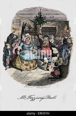 A Christmas Carol (1843) von Charles Dickens, 7. Februar 1812 – 9. Juni 1870. Herr Fezziwig Ball: Herr und Frau Fezziwig tanzen wie der Geiger Sir Roger de Coverley spielt. Illustration von John Leech, 1817-1864. Getönte Version. Stockfoto