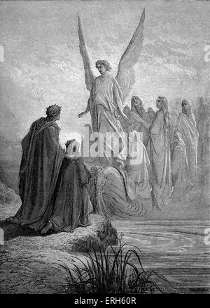 Dantes Fegefeuer, Teil seiner göttlichen Komödie. Illustration von Gustave Doré. Bildunterschrift: "die himmlischen am Bug gesehen wurde, sichtbar schriftliche selig in seinem Aussehen." - Canto II. Dante Alighieri: Mitte Mai bis Mitte Juni 1265-September 13/14, 1321. Stockfoto