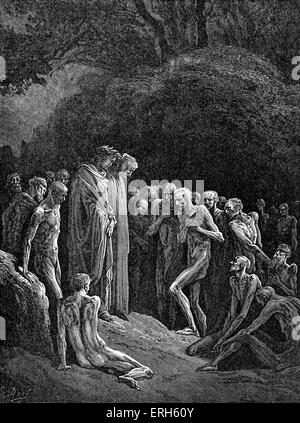 Dantes Fegefeuer, Teil seiner göttlichen Komödie. Illustration von Gustave Doré. Bildunterschrift: "die schattenhaften Formen, die schien, Dinge tot und Tote wieder zog an ihren tief erforschte Kugeln seltene Wunder von mir wahrzunehmen, ich hatte Leben." - Canto XXIV. Dante Alighieri: Mitte Mai bis Mitte Juni 1265-September 13/14, 1321. Stockfoto