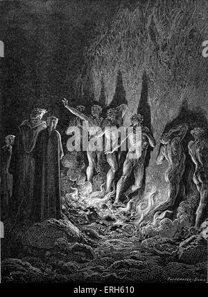 Dantes Fegefeuer, Teil seiner göttlichen Komödie. Illustration von Gustave Doré. Bildunterschrift: "und als ich sah, dass Geister entlang der Flamme Stockfoto