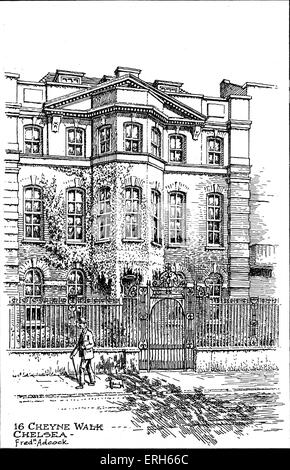 Dante Gabriel Rossetti Haus in Chelsea, London, 16 Cheyne Walk, durch Fred K Adcock. Englischer Dichter und Maler, 12. Mai 1828 – 9 Stockfoto