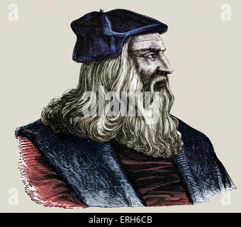 Leonardo da Vinci - italienische Renaissance Maler, Bildhauer, Schriftsteller, Wissenschaftler, Architekten und Ingenieur. Venezianische Gravur Stockfoto