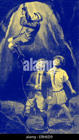 Die Insel der Abenteuer - Kinderbuch Illustration, 1928. Geschrieben von Alfred Judd. Bildunterschrift lautet: "Jim ging zuerst, schwärmen Stockfoto