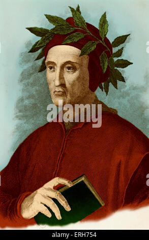 Dante Alighieri, typische Portrait mit Lorbeerkranz und Buch in der Hand. Gravur. Italienischer Dichter, 1265-1321. Stockfoto