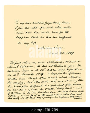 Autogramm: Das Originalmanuskript von "Adam Bede" von Marian Evans (Pseudonym "George Eliot") in drei Bänden mit einer Widmung in Band eins zu ihrem Ehemann George Henry Lewes, datiert 23. März 1859. Gefolgt von einem Hinweis, dass die Arbeit wurde am 22. Oktober 1857 begonnen und am 16. November 1858 beendet. Englischer Schriftsteller, Journalist und Übersetzer, 22. November 1819 – 22. Dezember 1880. Quelle: British Museum. Stockfoto