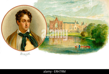 Lord Byron - Portrait mit seinem angestammten Heimat Newstead Abbey im Hintergrund. George Gordon Byron, 6. Baron Byron. Britischer Dichter Stockfoto