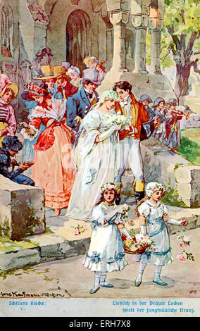 Abbildung von Schiller's "Das Lied von der Glocke" (Das Lied von der Glocke) (V). Hochzeitsszene außerhalb der Kirche. Hans Kaufmann München Malerei. Friedrich Schiller: Deutsche Dichter, 10. November 1759 – 9. Mai 1805. Extrahieren Sie liest: "schön in die locken der Braut, / der Brautkranz spielt!" ("Lieblich in der Bräute Locken / Spielt der Jungfräuliche Kranz") Stockfoto