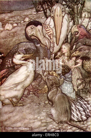 Alices Abenteuer im Wunderland von Lewis Carroll (Charles Lutwidge Dodgson). Bildunterschrift lautet: "sie alle drängten sich um ihn, Stockfoto