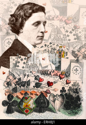 Lewis Carroll - Collage aus Alice im Wunderland-Illustrationen mit Porträt des 28. März 1863. LC: Geboren Charles Lutwidge Stockfoto