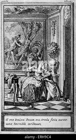 Abbé Prévosts Übersetzung des Samuel Richardardons Pamela; oder Tugend belohnt "- von der Illustration von Marillier. Bildunterschrift: "Il me Baisa Deux Ou Trois Fois Avec Une schreckliche Ardeur" ("Er küsste mich zwei oder drei Mal mit einem schrecklichen Eifer"). Englische Version zuerst veröffentlicht 1740. Stockfoto