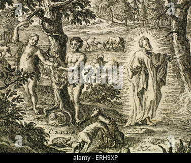 Alten Testament. Erbsünde. Adam und Eva Gott ungehorsam. Aus dem Garten Eden verbannt. Gravur. Buch der Genesis. Stockfoto