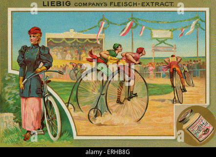 Ein Fahrrad / Penny Farthing Rennen.  Liebig-Karte, Sport, 1896. Stockfoto