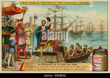 Vasco de Gama verlässt Lissabon. Bildunterschrift lautet: Abfahrt von Vasco da Gama aus Lissabon, März 25 1497, mit drei Schiffen und ein Schiff voller Bestimmungen (Französisch: Abfahrt de Vasco de Gama de Lisbonne, le 25 März 1497 Avec 3 Vaisseaux et un Navire Ladung de Bestimmungen). Liebig-Karte, die Entdeckung des Seeweges nach Indien, 1897. Stockfoto