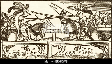 Ein Turnier, Holzschnitt von Urs Graf, 1521, von zwei Geschichten der Ritterlichkeit. Zwei Ritterturniere Ritter in Rüstungen gegeneinander auf Stockfoto