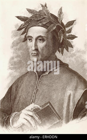 Dante Alighieri, typische Portrait mit Lorbeerkranz und Buch in der Hand. Gravur. Italienischer Dichter, 1265-1321. Stockfoto