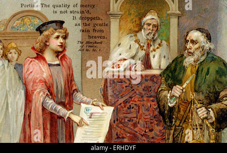 William Shakespeare, der Kaufmann von Venedig zu spielen, act iv Szene 1 Portia präsentiert Fall, "die Qualität der Barmherzigkeit ist nicht angespannt. Es droppeth wie der sanfte Regen vom Himmel. "Postkarte Stockfoto