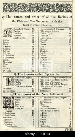 Die Heilige Schrift veröffentlicht 1611 bekannt als die King James Version. "Die Namen und Reihenfolge der alle gebucht der Olde und New Stockfoto