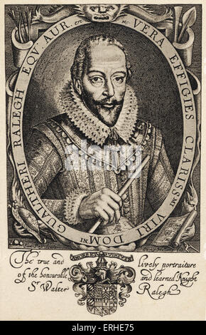 Sir Walter Raleigh, Portrait. Englischer Soldat, Explorer, Höfling, Schriftsteller, 1552-1618. Bildunterschrift lautet: "der wahre und lebendige Stockfoto