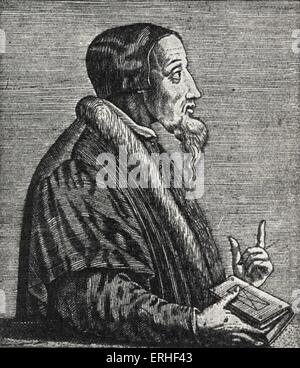 Französischer Reformator Jean Calvin, Unterstützer der Entdeckung Ideen. Gezwungen, Paris zu verlassen und in Genf, 1541, Projektion um zu machen in der idealen Stadt, durch strenge Disziplin zu begleichen. Entwickelte die Theorie von Gottes Herrschaft - Reformation. 1509-1564. Stockfoto