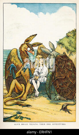 Alice im Wunderland von Lewis Carroll (Charles Lutwidge Dodgson). Bildunterschrift lautet: "Alice begann, ihnen zu sagen, ihre Abenteuer", mit die falsche Schildkröte und Gryphon.English Kinder Schriftsteller und Mathematiker 27. Januar 1832 14. Januar 1898. Zuerst veröffentlicht 1865. Illustrationen von W H Walker 1907 Ausgabe. Stockfoto