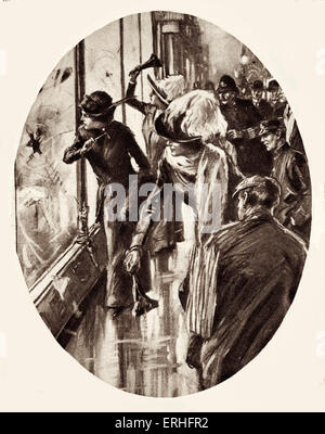 Suffragetten - Zeichnung von Frauen Zerschlagung Schaufenster in London, März 1912. Stimmrecht für Frauen, die Rechte der Frauen. Stockfoto