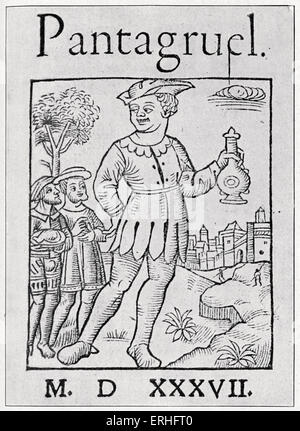 Pantagruel von Francois Rabelais - gravierte Frontispiz der 1537-Serie.  Sohn des Gargantua. Zwei Giganten in einer Welt reisen Stockfoto