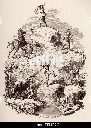 Brüder Grimm Kinder- und Hausmärchen veröffentlicht 1812-15. Später bekannt als Grimms Märchen. Illustration für "Hans im Glück" Jacob Grimm: 1785-1863 und Wilhelm Grimm: 1786-1859. Illustration von George Cruikshank im Jahre 1868 Stockfoto