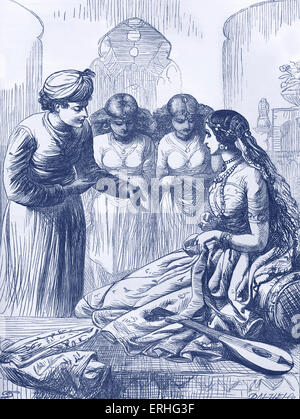 Arabian Nights Tale - Bildunterschrift lautet: "Glaser Presentng die beiden Sklavinnen zu Fetnab". Von Dalziels illustriert Arabian Nights Stockfoto