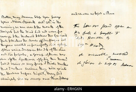 Viscount Horatio Nelson-handschriftlichen Brief an Lady Hamilton zwei Tage vor der Schlacht von Trafalgar, sagt, er will Leben, um den Brief zu Ende geschrieben. Vom 19. Oktober 1805. 29. September 1758 – 21. Oktober 1805 - britischer Admiral berühmt für seine Teilnahme an den napoleonischen Kriegen, vor allem in der Schlacht von Trafalgar, wo er starb. Buchstaben beginnt: "Meine liebste Geliebte Emma..." Stockfoto