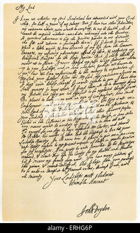 John Dryden - handschriftlichen Brief an Laurence Hyde, Earl of Rochester, erster Lord der Treasury betteln für ein halbes Jahr Gehalt. Ohne Datum aber vermutlich geschrieben in 1682 und 1683. 19. August 1631 – wurde 12. Mai 1700, ein einflussreicher englischer Dichter, Literaturkritiker und Dramatiker. Buchstaben beginnt: "Ich weiß nicht, ob mein Lord Sunderland mit Euer Gnaden... Fürbitte hat" Stockfoto