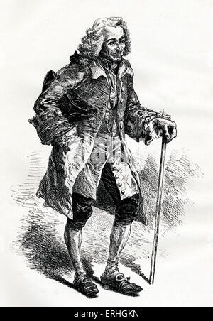 François-Marie Arouet / Voltaire - Porträt des französischen Schriftstellers und Philosophen als Alter Mann mit einem walking stick. 21. November 1694 - Mai 30. 1778. Stockfoto