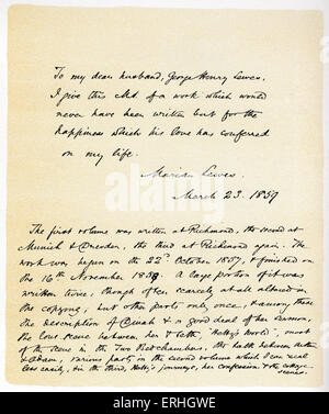 George Eliots handschriftlichen Widmung an Adam Bede datiert 23. März 1859. Richtiger name Marian Evans / Mary Anne. Britische Schriftstellerin 22. November 1819 - 22. Dezember 1880. ", mein lieber Mann, George Henry Lewes, gebe ich diese MS eine Arbeit, die nie geschrieben worden wären, aber für das Glück, seine Liebe verliehen hat, auf mein Leben." Gefolgt von Beschreibung wie ms geschrieben wurde. Stockfoto